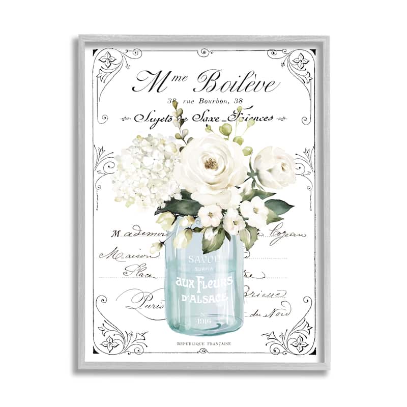 Stupell Vintage Parisian Floral Bouquet White Farmhouse Flowers Framed Wall Art - 24 x 30 - Grey