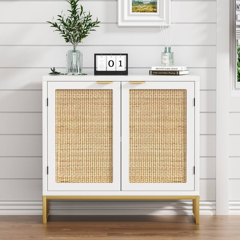 Modern 2-Door White Rattan Buffet Sideboard Wood Kitchen Accent Storage Cabinet