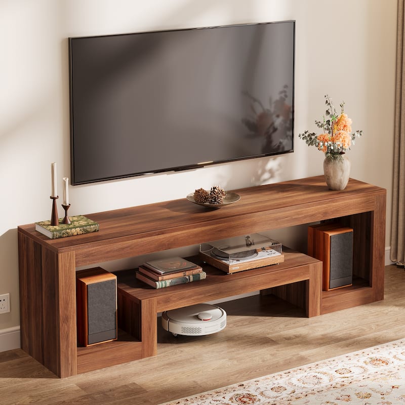 63-Inch TV Stand for 55/60/65-Inch TVs, Farmhouse Entertainment Center with Open Storage Shelves