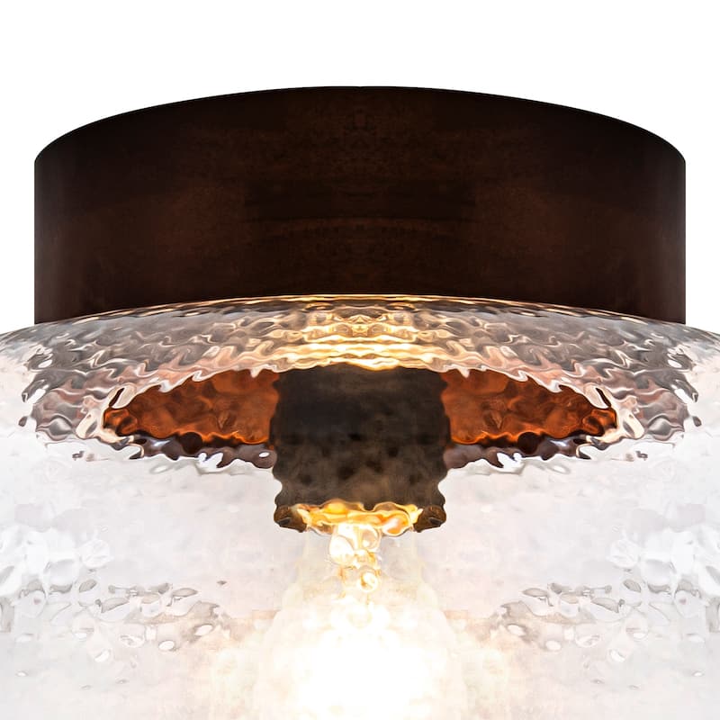 1-Light Wood Flush Mount Ceiling Light with Clear Textured Glass Shade - Dia.11.81-in