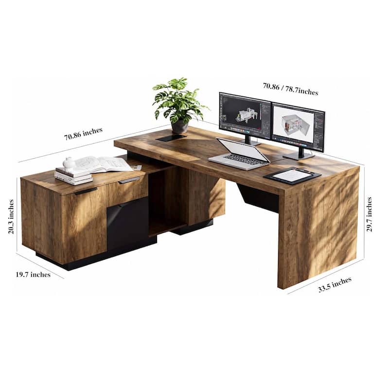 WESOME Retractable L-Shaped Executive Desk with Cable Management Drawers and Lateral File Cabinet