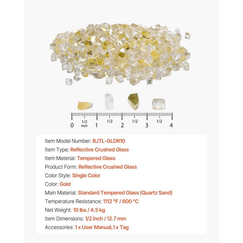 Gold Tempered Crushed Glass Fire Pit Glass Rocks 10 lbs Heat Resistant - 1/2 inch