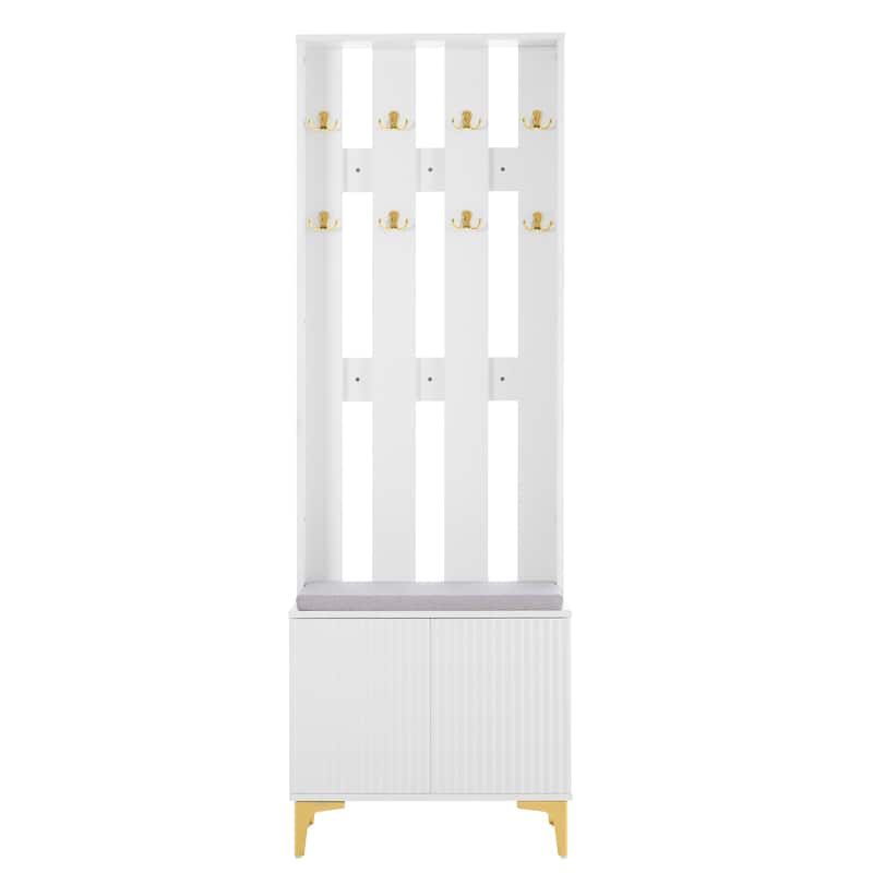 4-in-1 Coat Rack with 8 Gold Hooks,Cushion,Legs and Adjustable Shelves