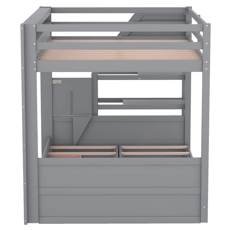 Full Size Convertible Bunk Bed with Storage Staircase, Bedside Table, and 3 Drawers, Gray