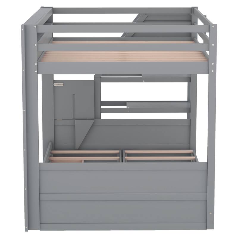 Roomfitters Full Size Convertible Bunk Bed with Storage Staircase and Bedside Table, Gray