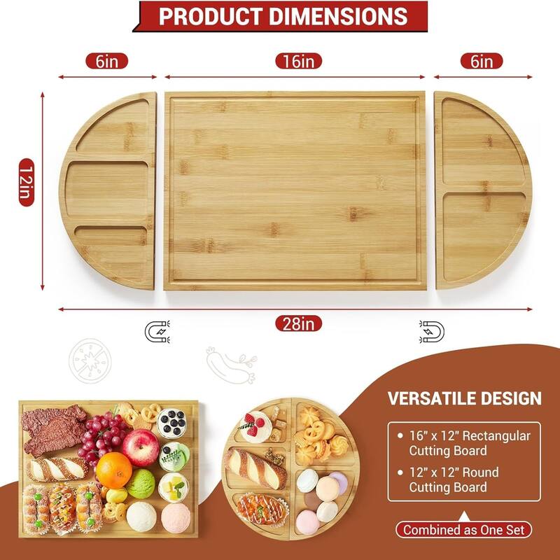 28in 3-Piece Magnetic Bamboo Cheese Board Set
