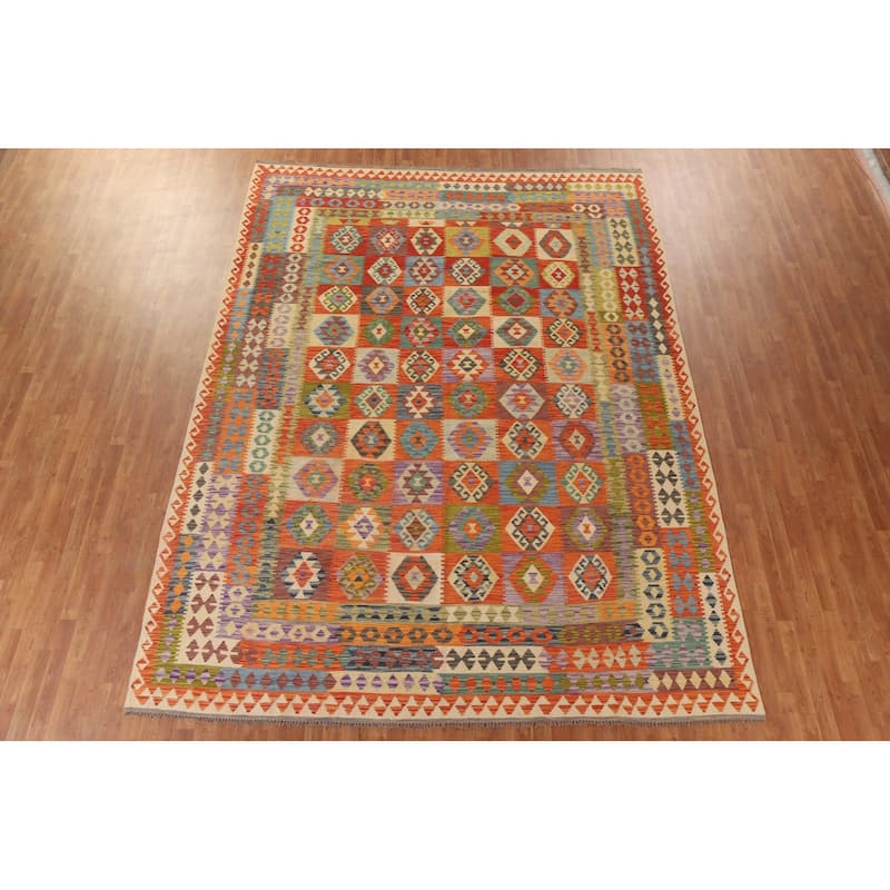 Hand Woven Oriental 100% Wool Carpet Southwestern Geometric Multi-Colored Kilim Area Rug - 12' 8'' X 9' 7''