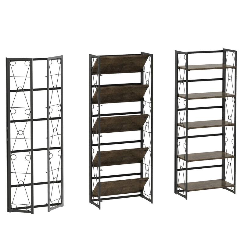 VECELO 62" Foldable 5-Tier Bookshelf Space Saving Tall Open Bookcase with MDF Shelves for Living Room Home Office Kitchen