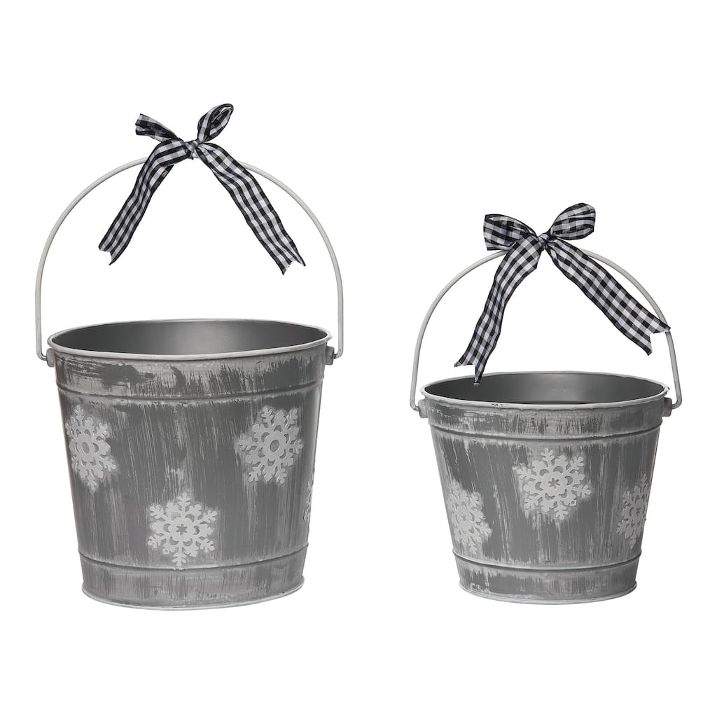 Transpac Metal 8.25 in. Gray Christmas Snowflake Buckets with Bow Set of 2