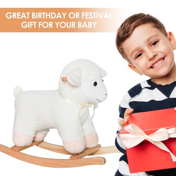 slide 2 of 5, D&N Lamb Rocking Horse Sheep, Nursery Stuffed Animal Ride On Rocker for Kids, Wooden Plush, White Off-White