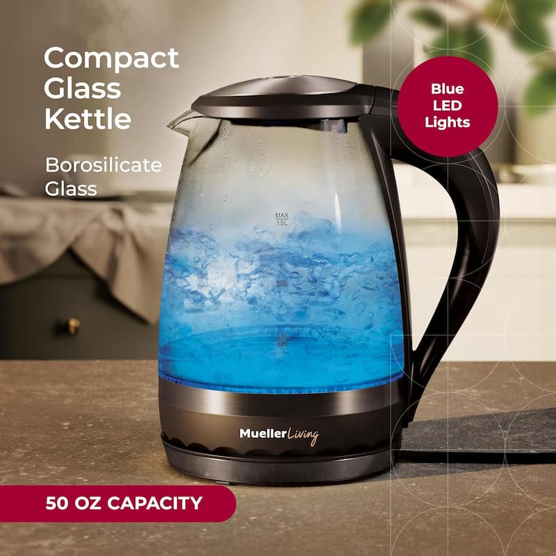 MuellerLiving Electric Glass Kettle 1.5L 1500W LED Light, Automatic Shut-Off with SpeedBoil Tech and Boil-Dry Protection - 1.5 L