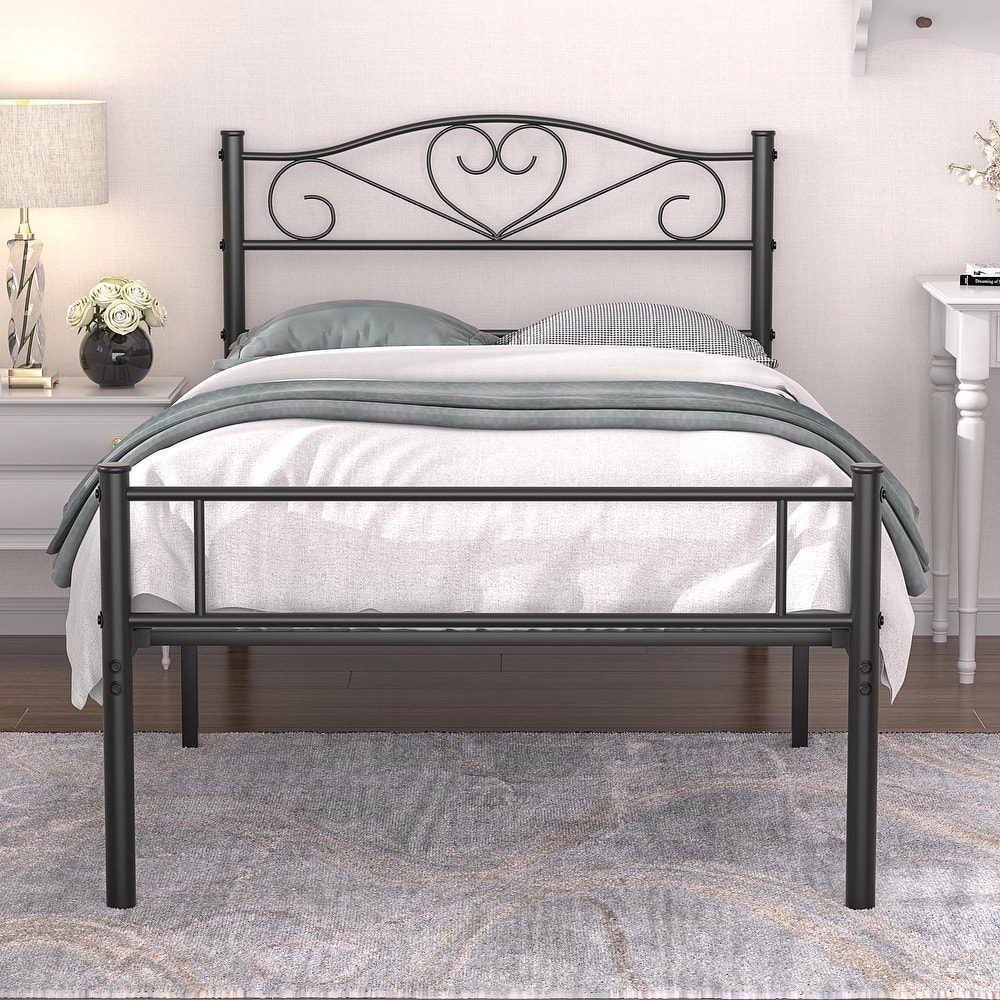 VECELO Victoria Metal Platform Bed Frames with Heart Pattern Headboard 12.6" Underbed Space No Box Spring Required