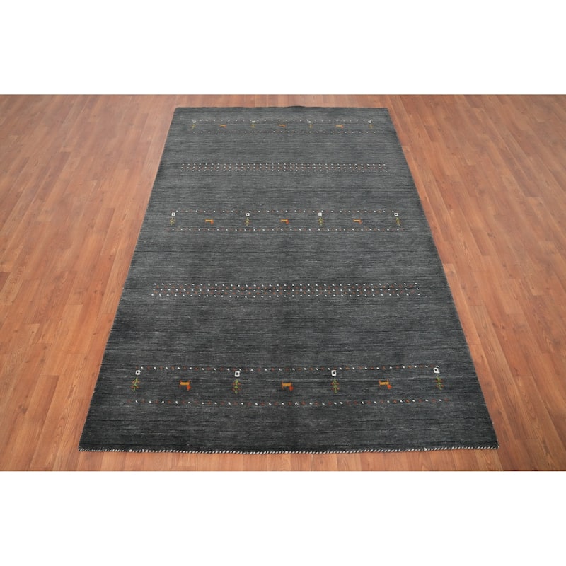 Hand Knotted Oriental 100% Wool Carpet Tribal Animal Pictorial Greys & Charcoal Gabbeh Area Rug - 7' 8'' X 5' 0''