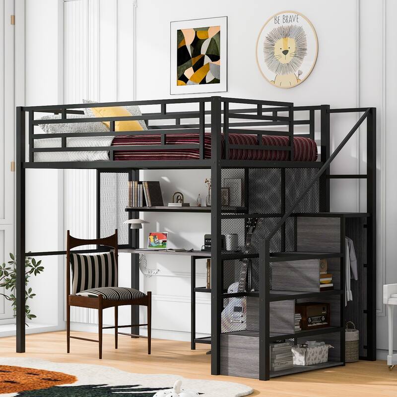Full Size Metal Loft Bed with Wardrobe, Desk, and Storage Shelves - Black