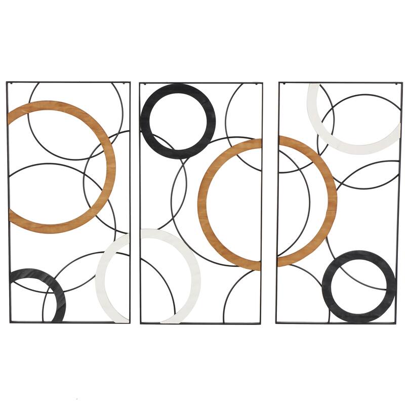Black Metal Overlapping Circles Abstract Home Wall Decor with Brown and White Wooden Accents (Set of 3)