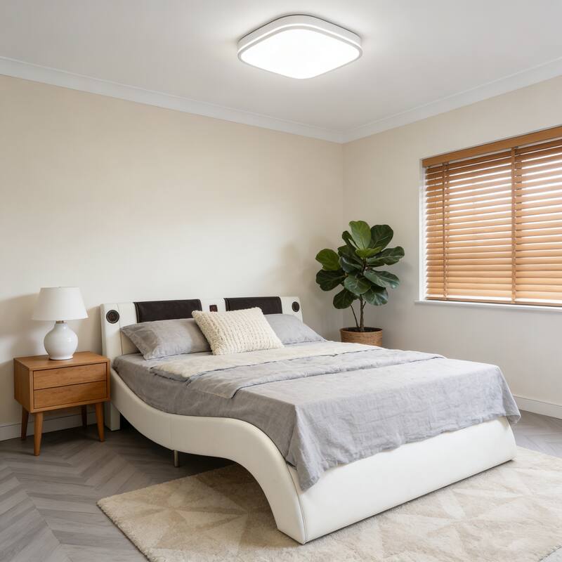 King Size Faux Leather Upholstered Platform Bed Frame with LED lighting, Bluetooth connection to play music control