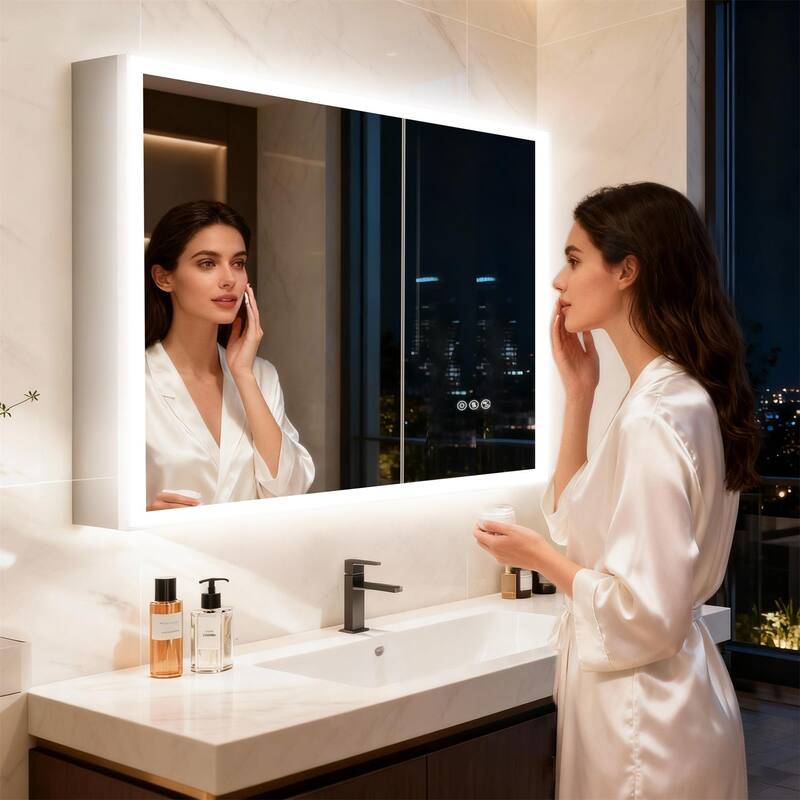 Wall Mounted Medicine Cabinet Bathroom Cabinet Jewelry Organizer with Bluetooth Dual Speakers Adjustable Glass Shelves