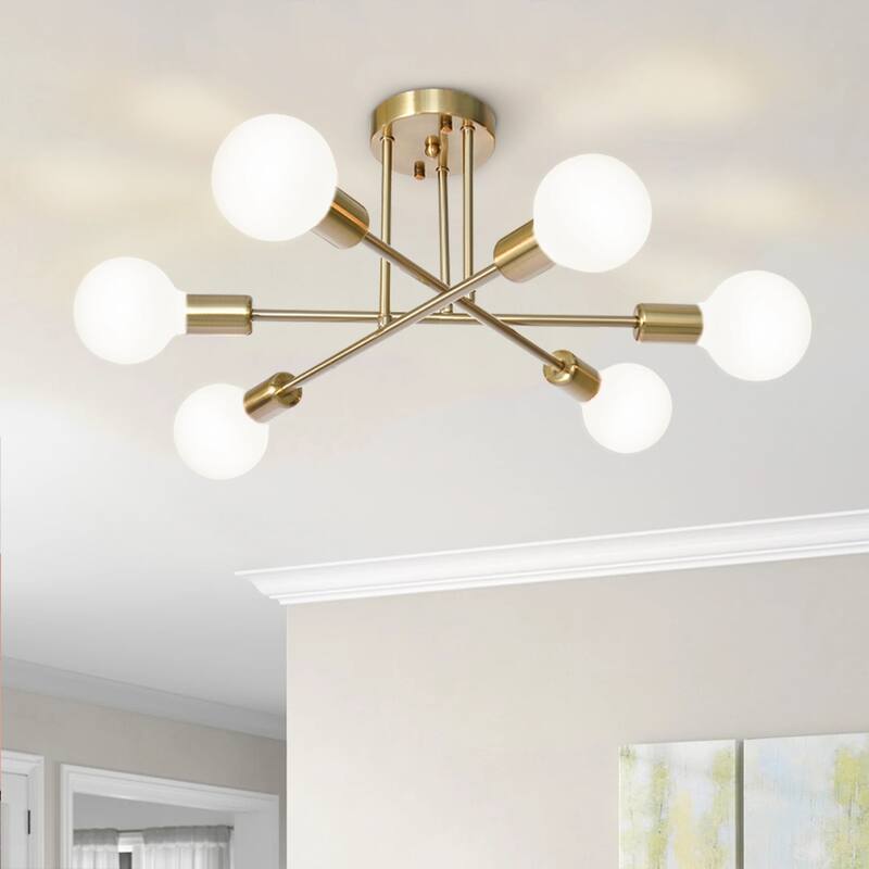 6-Light Modern Industrial Linear Sputnik Branch Semi-Flush Mount Light Ceiling Light - Antique Brass