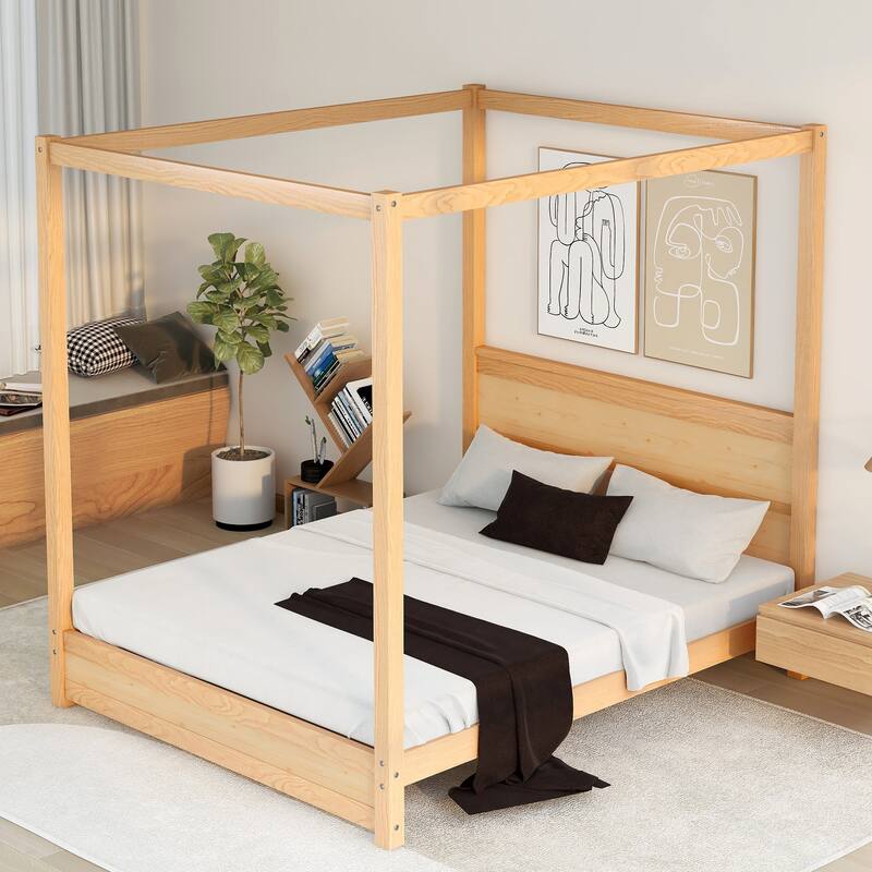 Queen Size Wooden Canopy Platform Bed with Headboard, White Color Bed