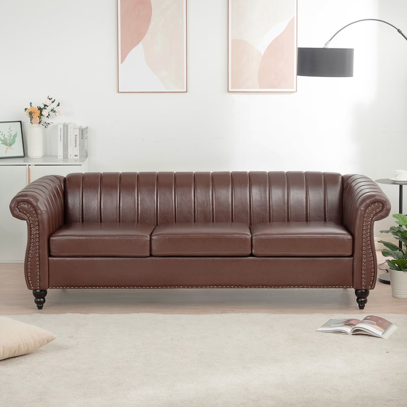 Classic Design 84'' Pu Rolled Arm Chesterfield Three Seat Sofa with ...