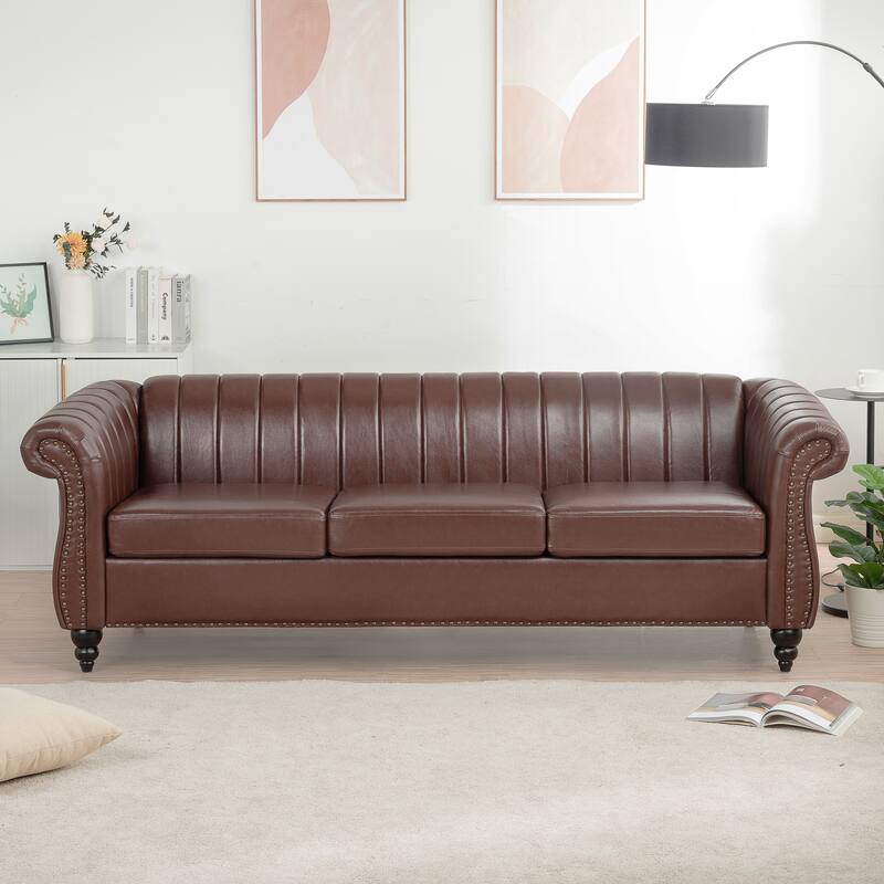 PU Rolled Arm Chesterfield Sofa 84" Three Seater Sofa for Living Room