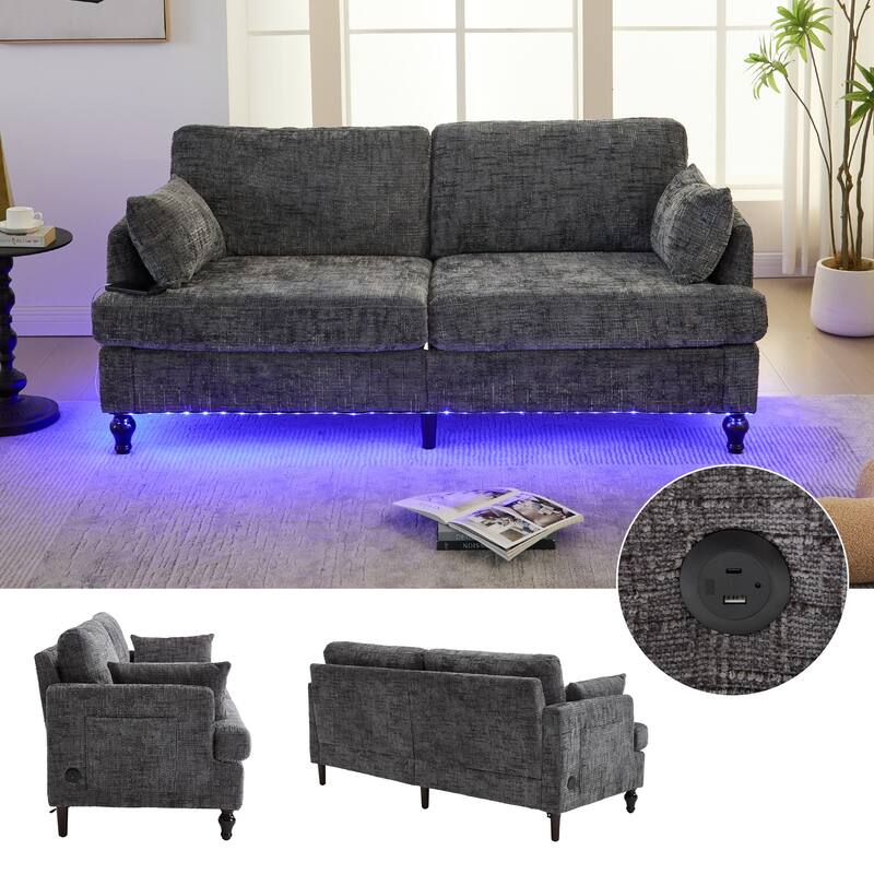 Multifunctional Sofa Couch Loveseat with Lights & Side Pocket, Gray 2-Seater Sofa Couch with Charging Port