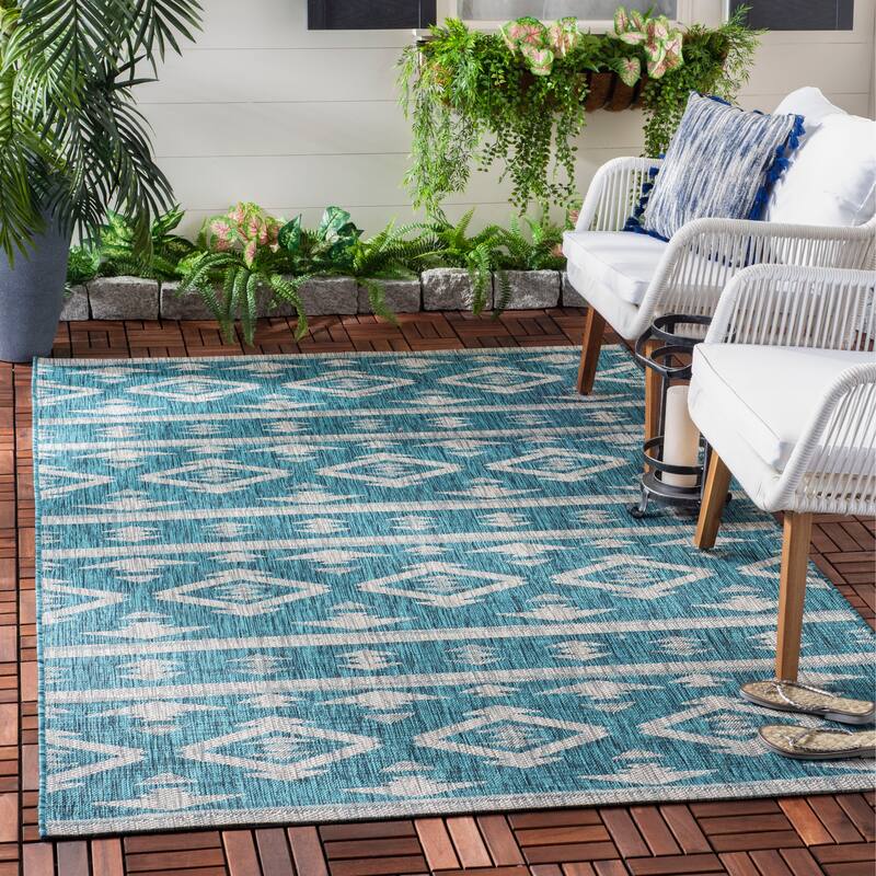 SAFAVIEH Courtyard Fraidel Indoor/ Outdoor Waterproof Patio Backyard Rug - 5'3" x 7'7" - Teal/Grey