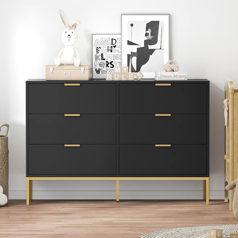 Anmytek Modern 6-Drawer Double Dresser Black Wood Chest of Drawers Storage Organizer for Bedroom