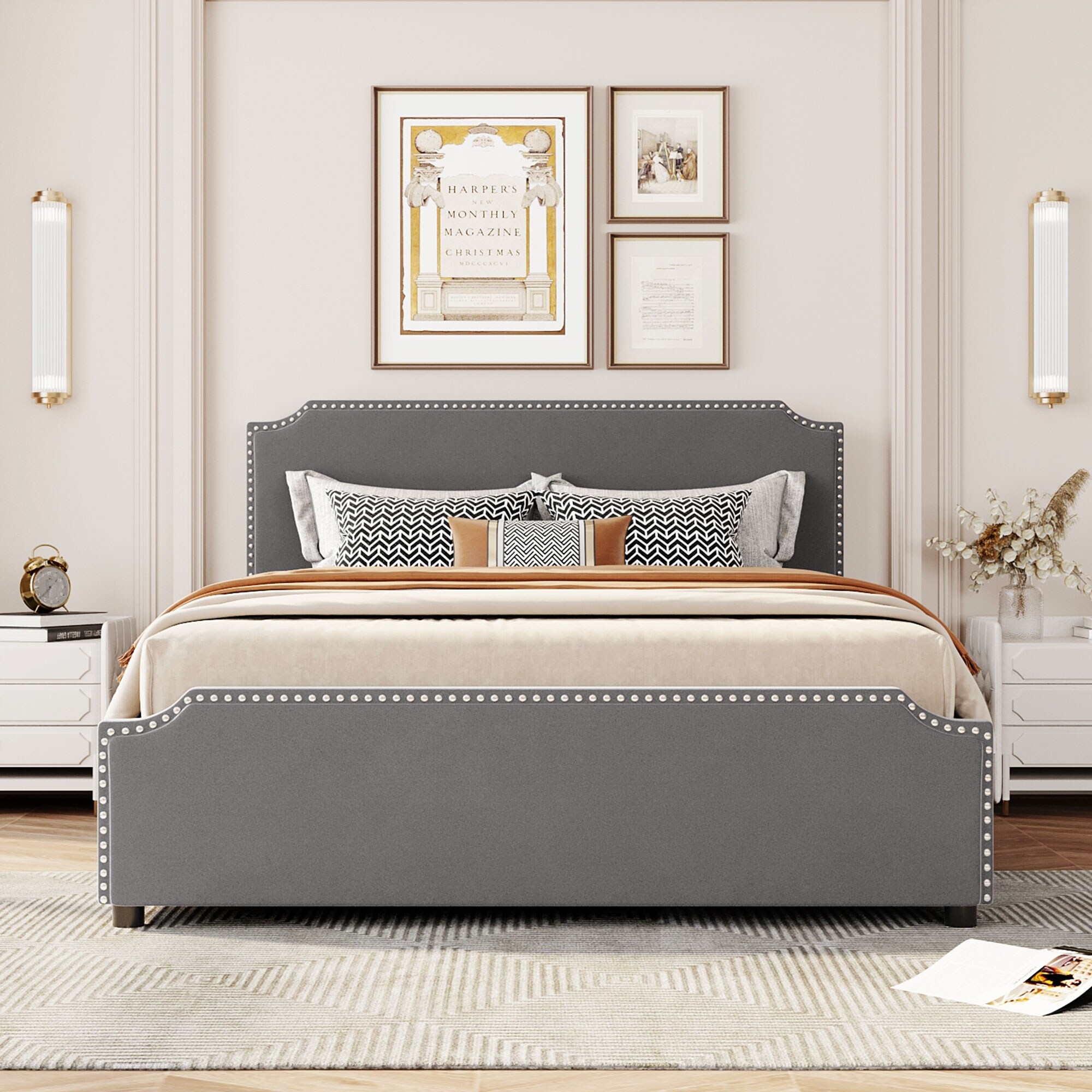 Queen Size Velvet Upholstered Platform Bed with 4 Drawers