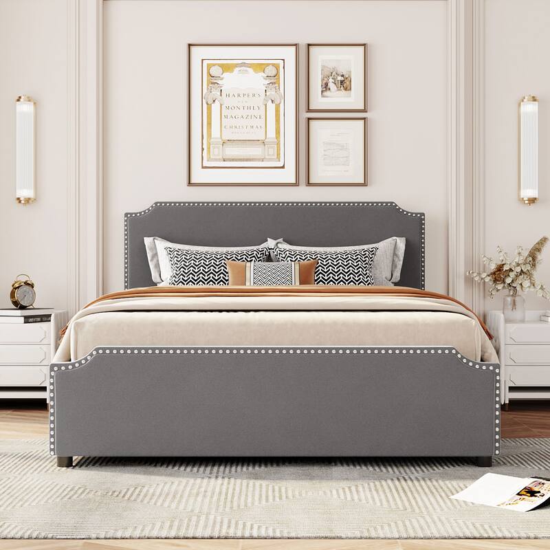 Velvet Fabric Upholstered Platform Bed with Stud Trim Headboard and Footboard and 4 Drawers No Box Spring Needed