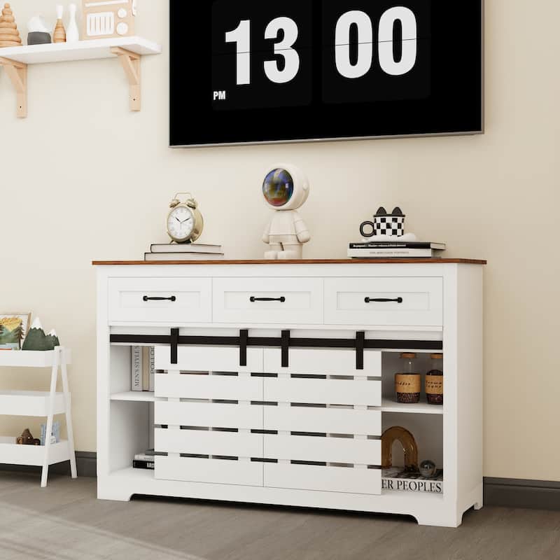 53" Farmhouse Sideboard Buffet Storage Cabinet with 3 Drawers, 2 Sliding Barn Doors, 2 Adjustable Shelves, Coffee Bar Cabinet