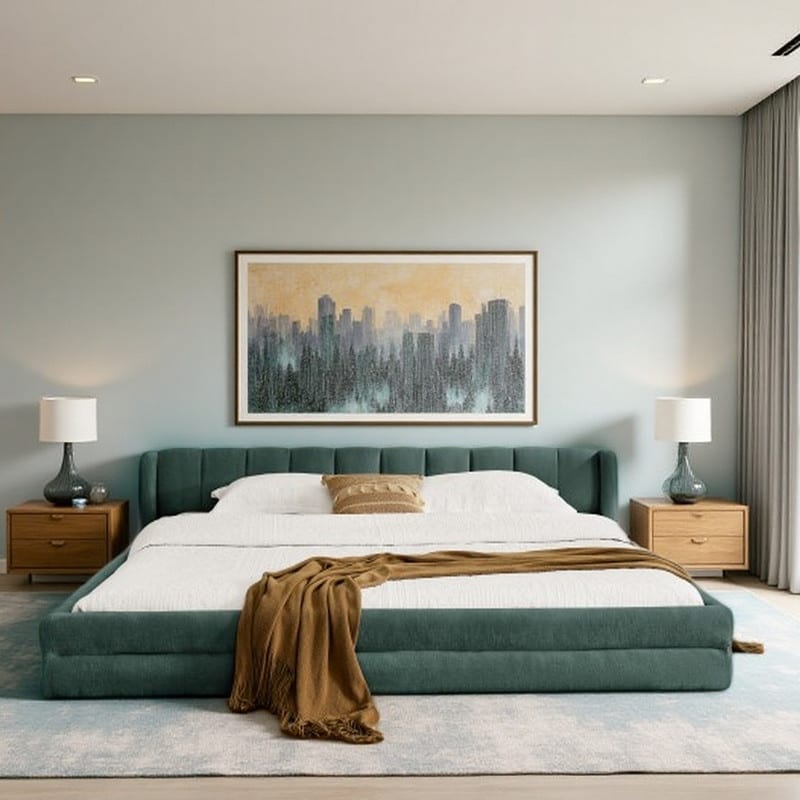 King Modern Upholstered Platform Bed with Chenille Fabric, Soft Padded Headboard & Grounded Solid Frame Design