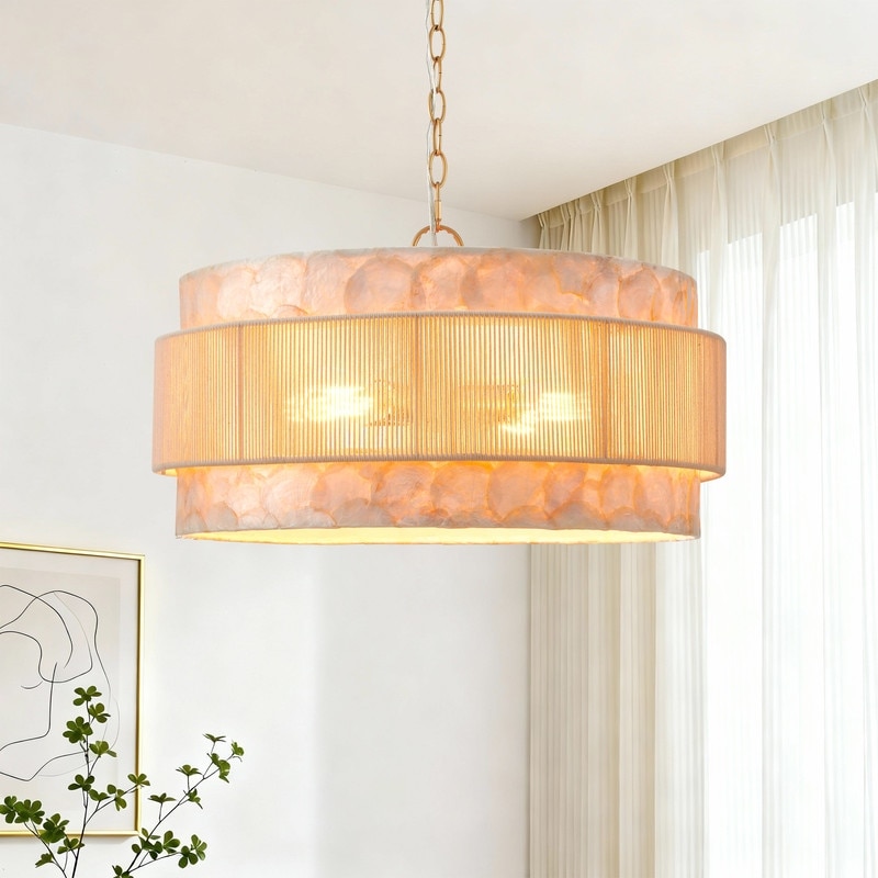 KAWOTI 3-Tire Seashell Pendant Light with Cotton Rope Shade
