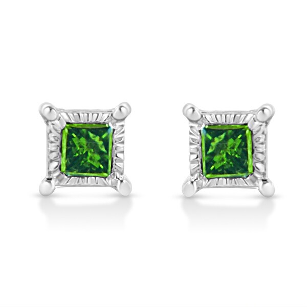 ART DECO SILVER REAL PERIDOT REAL DIAMOND PRINCESS STUD EARRINGS 925 STERLING
