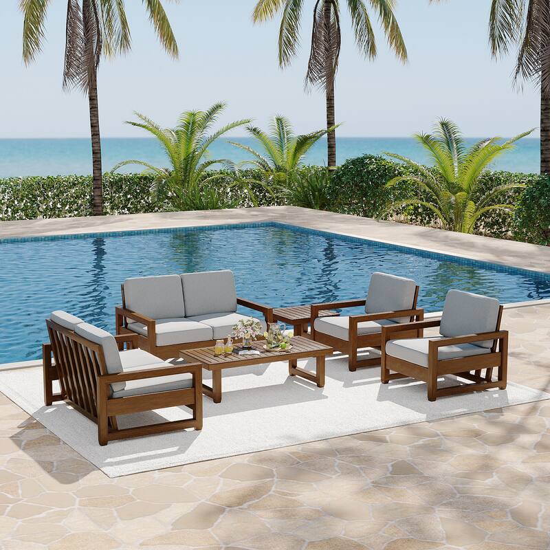 7-Piece Outdoor Teak Wood Conversation Set with Loveseat, Chairs and Tables