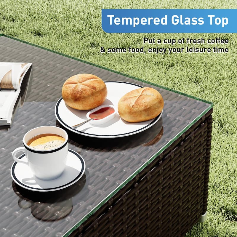 COSIEST 3-Piece Outdoor Furniture Set Brown Wicker Sectional Sofa With Cushions, Glass-Top Coffee Table,Pillows