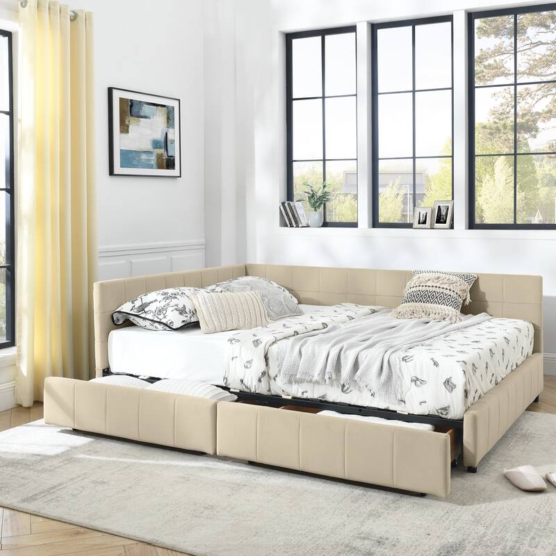 Full Size Daybed Grounded Bed Velvet Upholstered Tufted Bed Frame with L-shaped Backrest & Armrests for Livingroom or Bedroom