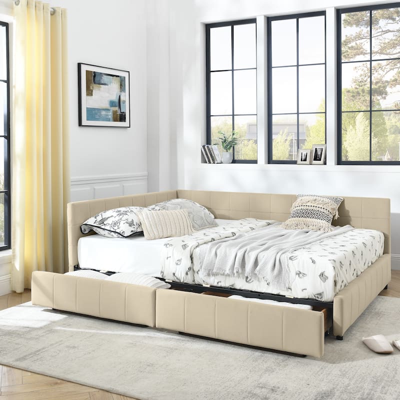 Queen Size Upholstered Tufted Storage Bed Frame - Sofa Style, Comfortable Backrest & Armrests - Beige