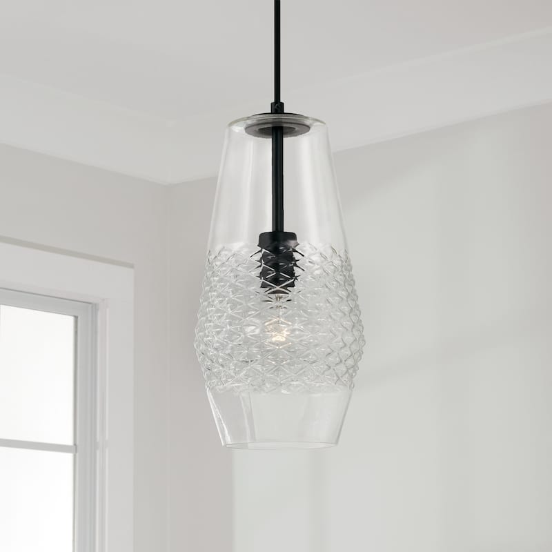 Dena 1-light Pendant w/ Diamond Embossed Glass & Black Braided Cord