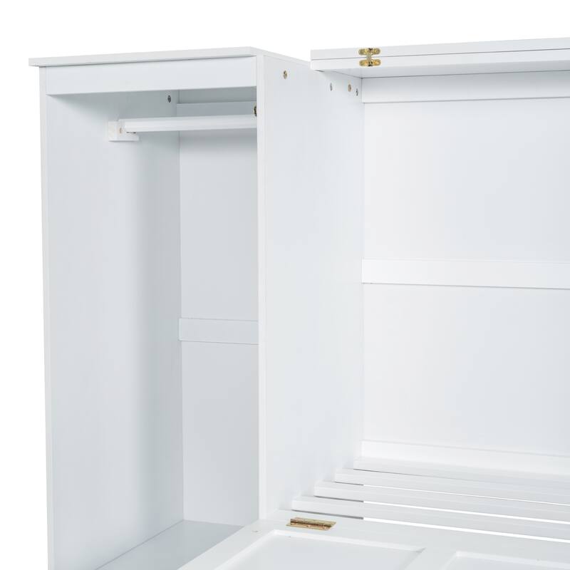 Twin Size Solid Wood Murphy Bed with Pull-Out Drawer,Built-In Wardrobe - Space-Saving Wall Bed with 3-Shelf Bookcase