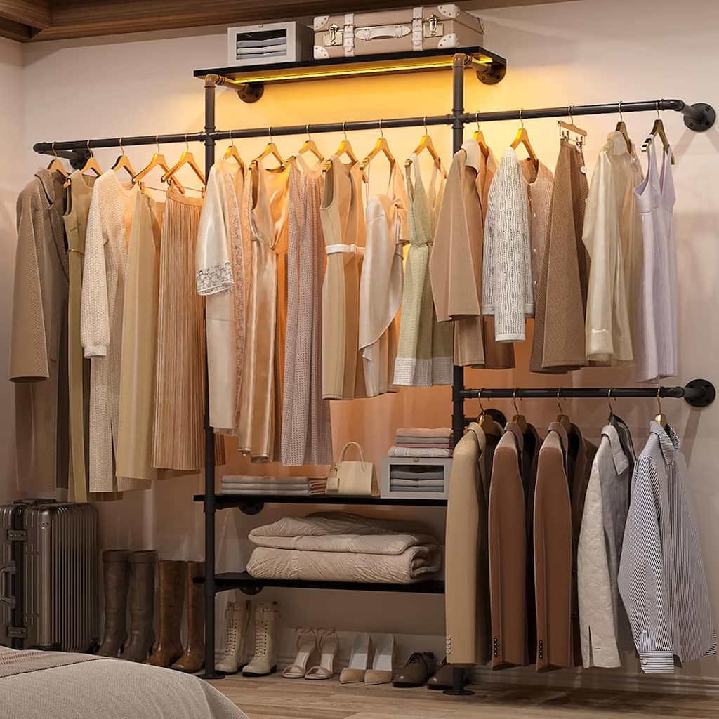 87"W Industrial Pipe Clothing Racks with LED Lights & Open Shelves,Reversible Walk-in Closet Oraganizer System Garment Racks