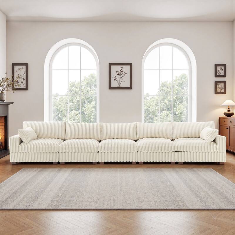 Plush Corduroy Upholstered Modular Sectional Sofa with Pillows
