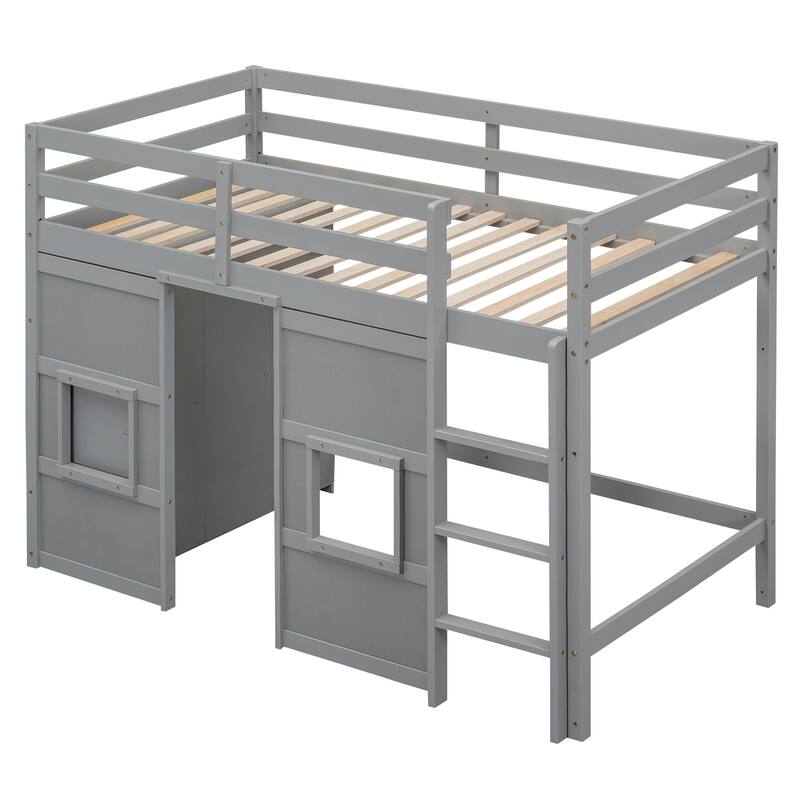 Twin Size Loft Bed with Built-in Storage Wardrobe & 2 Windows, Wooden Bed Frame w/Ladder & Safety Guardrail for Boys & Girls