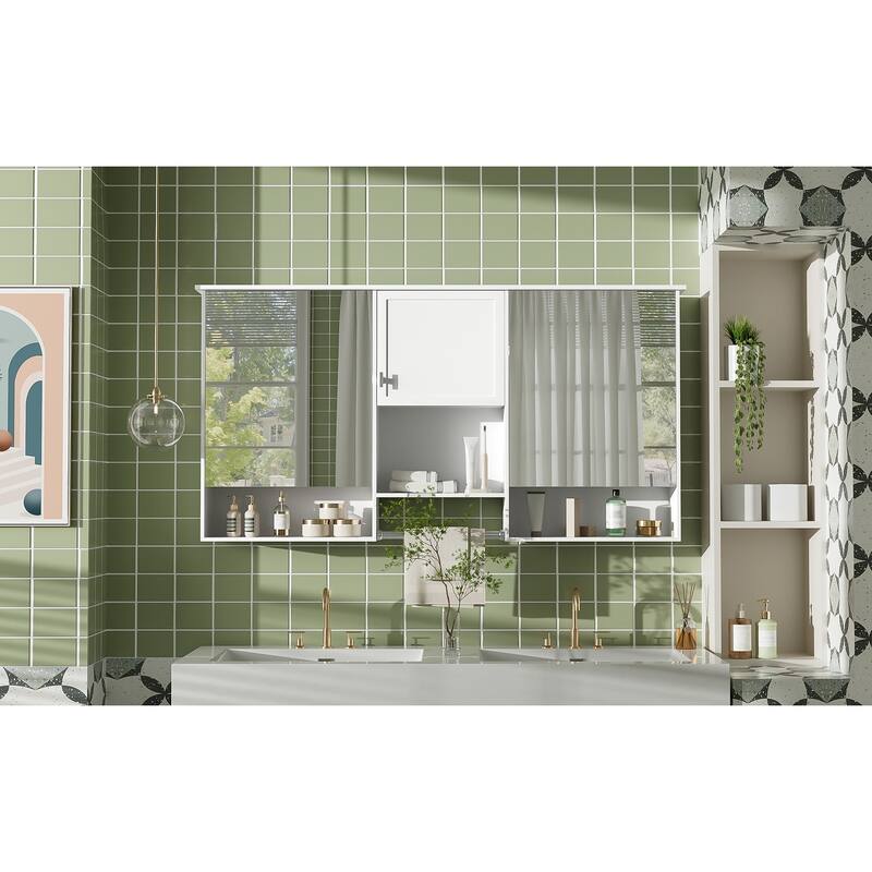 55" Wall-Mount 3-in-1 Mirror Cabinet with Adjustable Shelf, Soft-Closing Hinges, High-Quality MDF, for Bathroom Vanity