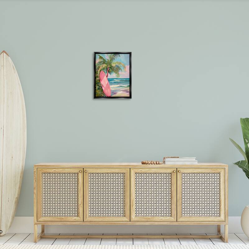 Stupell Pink Surfboard on Beach Framed Floater Canvas Wall Art Design By Arlington Prints