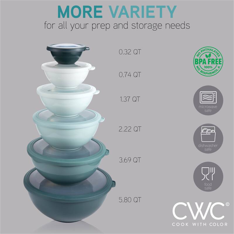 COOK WITH COLOR - 12 Piece Plastic Nesting Bowls - 6 Prep Bowls and 6 Lids, Microwave Safe