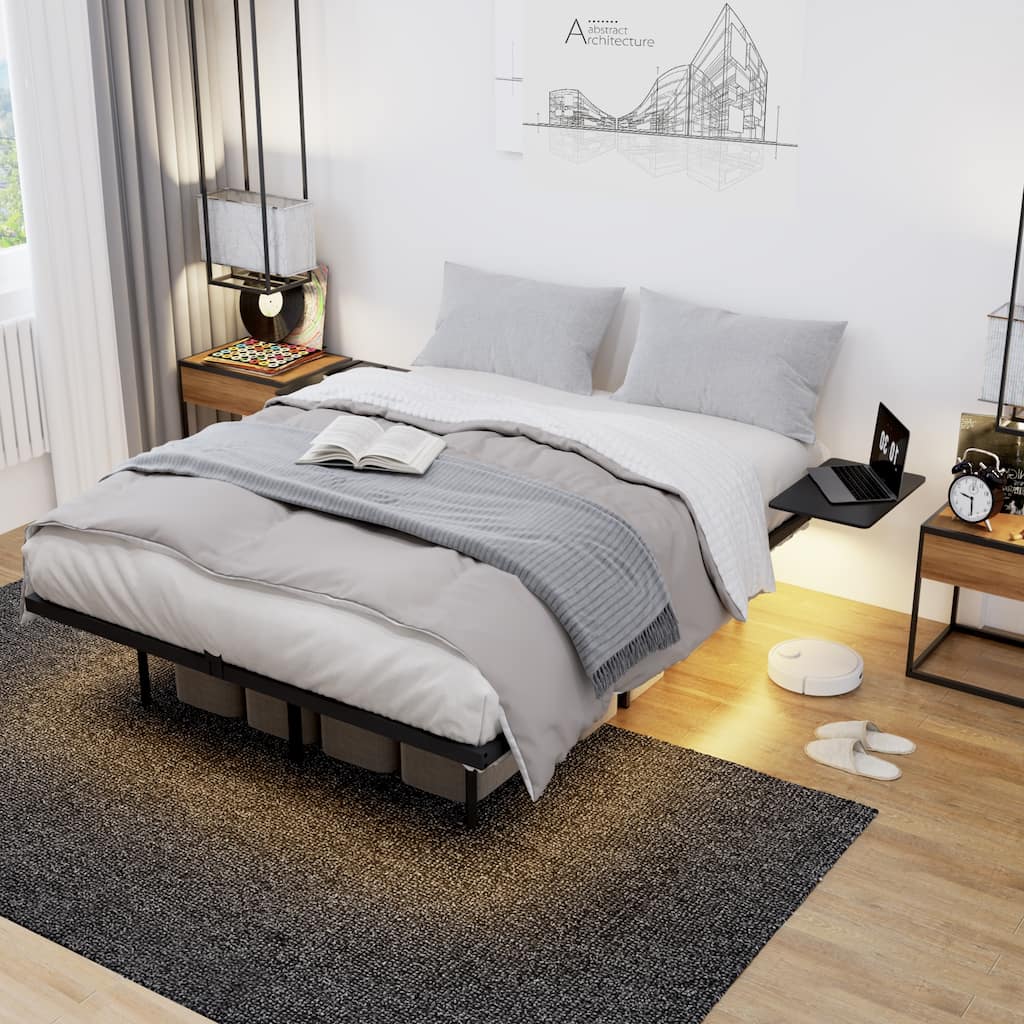 Full Size Bed Frame, Heavy Duty Metal Bed Frame , Quick & Easy Assembly, LED light, No Noise, Black