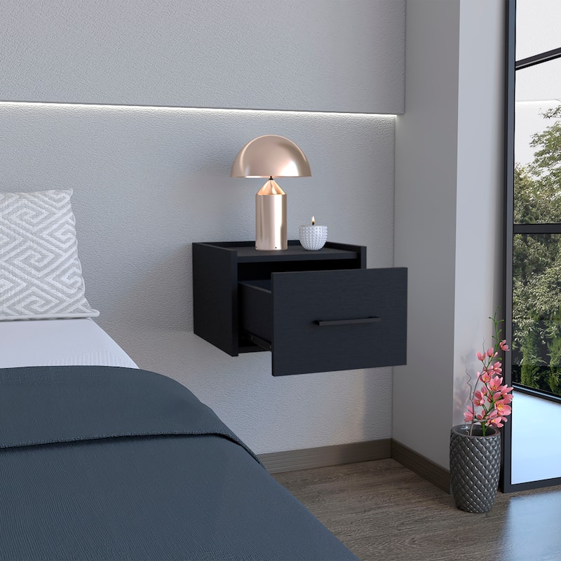 Black Modern Floating Nightstand, Space-Saving Design with Convenient Drawer and Black pull Handle.
