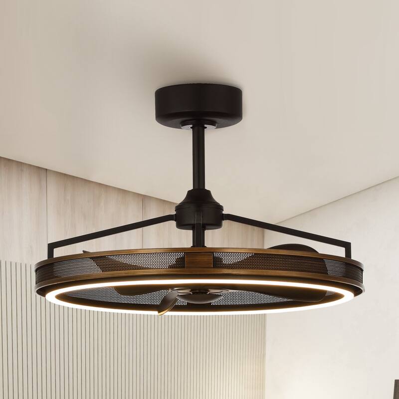 27-inch Industrial Bronze Mesh Caged Bladeless Ceiling Fan with LED Light and Remote - Matte Black