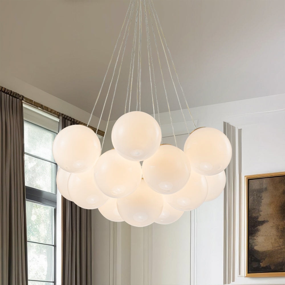 Glam 13-Light Opal Glossy Glass Cloud Bubble Cluster Chandelier - Brushed Brass - 19.7in